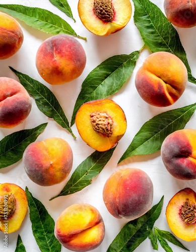 peaches with green leaves on a white background