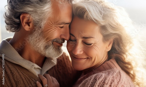 Beautiful professional mature model couple at Valetines day, candid shot of a close up of a very beautiful happy mature couple with opened round eyes wearing knitted sweater	 photo