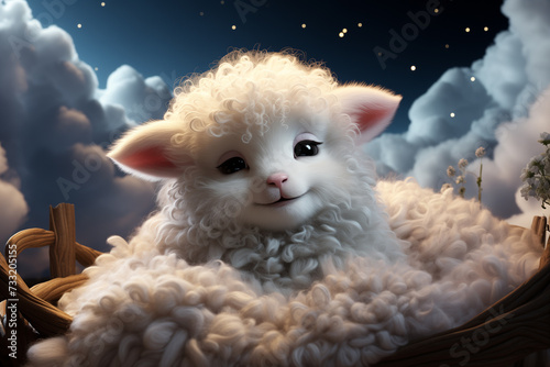 A little lamb sleeping on a cloud. Concept of children's dreamy dreams. Nursery theme © erika8213