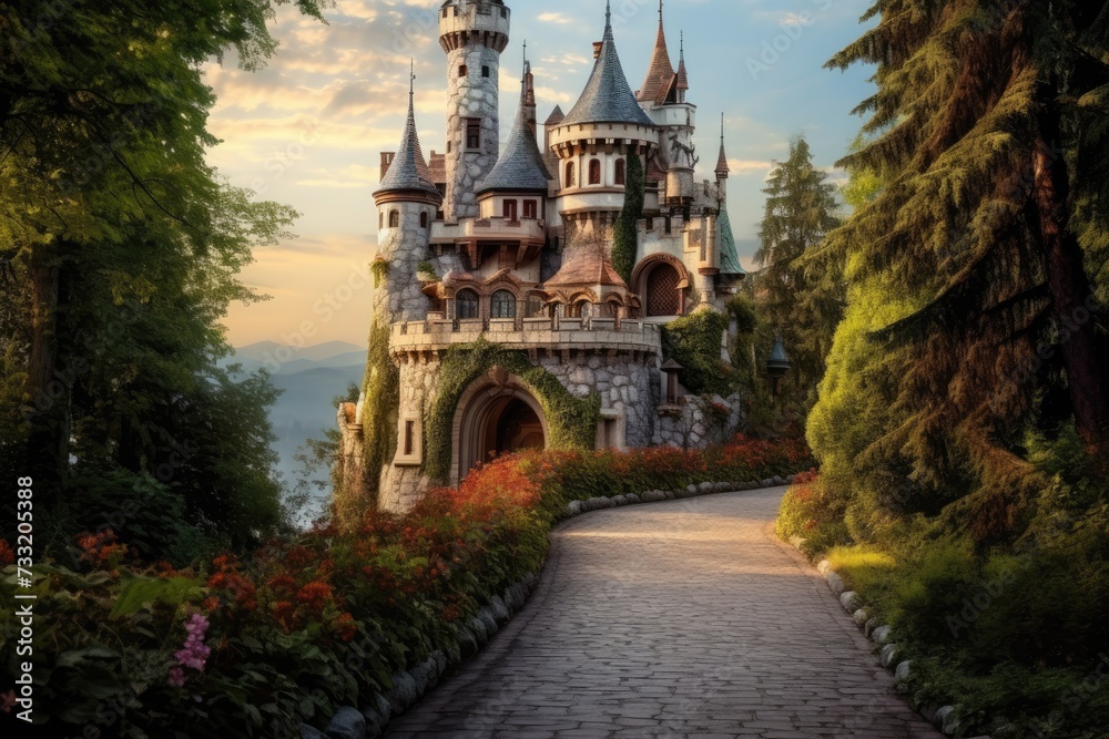 Obraz premium A wonderful cute princess castle in a fairytale style, a wonderful cute princess castle in a fairytale style. Ai generated
