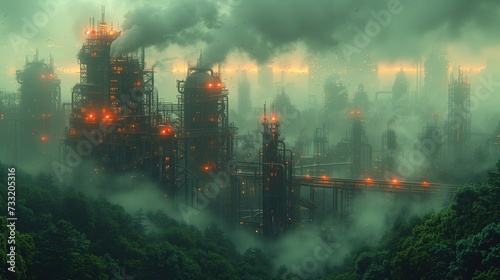 Wielka fabryka z dużą ilością dymu wydobywającego się z niej, z symboliczną bujną roślinnością na pierwszym planie photo