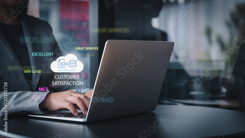 Businessman types on laptop for data storage, processing, and customer service evaluation, enhancing after-sales quality