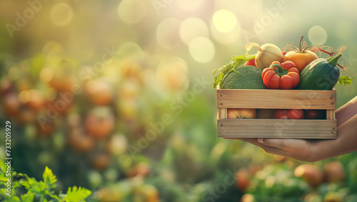 Hands holding wooden box with harvest vegetables on blurred green farm field background. photo
