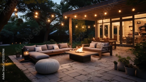Backyard patio of luxury villa with a fire pit photo