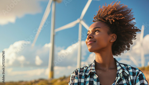 Woman standing in front of a wind farm. Clean energy generation. Energy transition. Female engineer or mechanical engineering student. African-American or African young woman. Sustainability, CSR, ESG