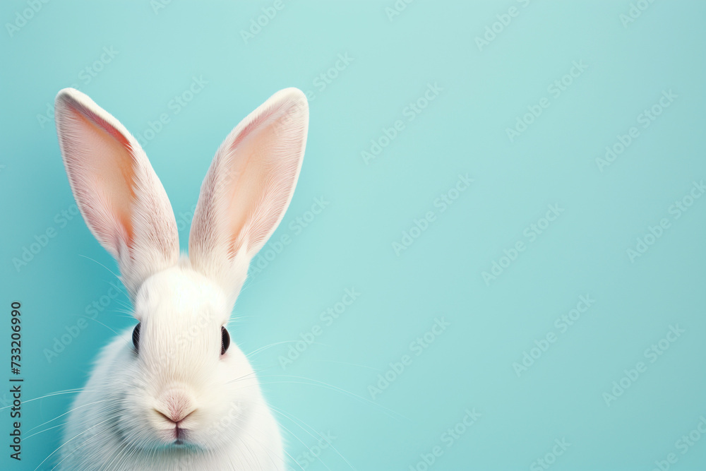 White rabbit ears on pastel blue background with copy space.Easter concept.