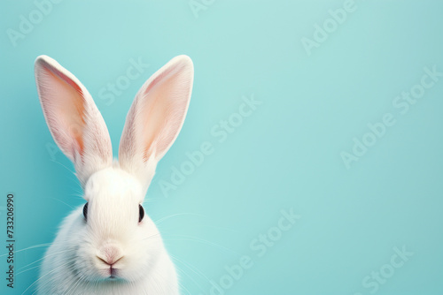 White rabbit ears on pastel blue background with copy space.Easter concept. © erika8213