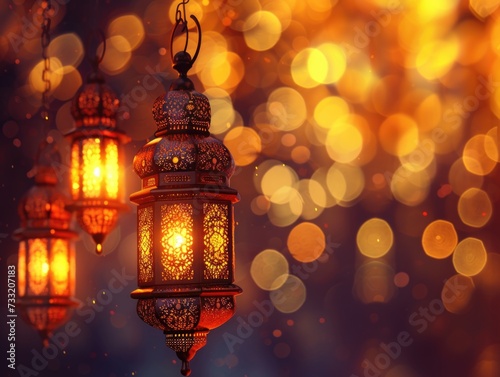 Ramadan traditional lamps on abstract glow bokeh background ramadan lantern of muslim festive 