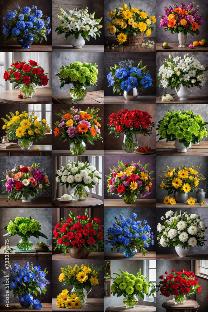 Fototapeta premium Background from a set of realistic still lifes with bouquets of flowers for a floral theme