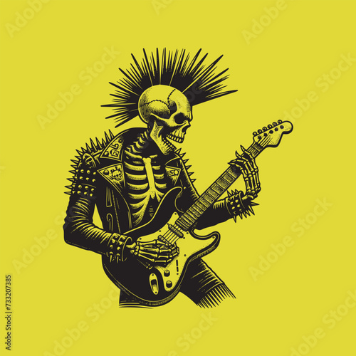 retro art style skeleton punk playing electric guitar vector illustration