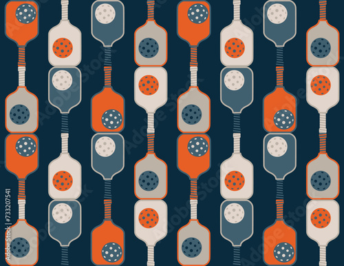 Pickleball game seamless pattern, paddle and ball. Summer sport repeat background. Vector tennis print