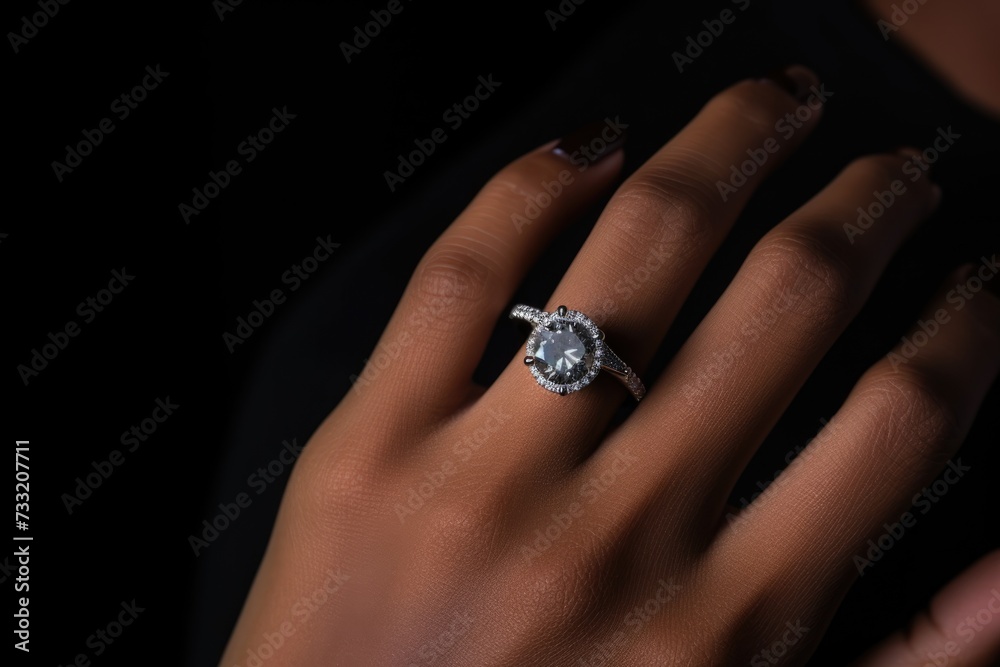Close up details of golden engagement ring with large dimond on woman's hand Close up details of golden engagement ring with large dimond on woman's hand