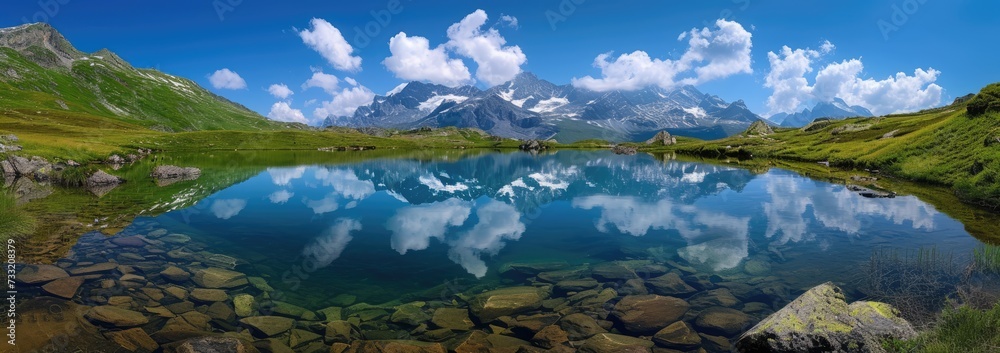Reflective Lake: Nature's Beauty, Mirrored Serenity, Tranquil Waters, Scenic Reflections, Calm Lake, Majestic Landscape, Mirror-Like Surface, Serene Atmosphere, Natural Symmetry, Reflective Beauty
