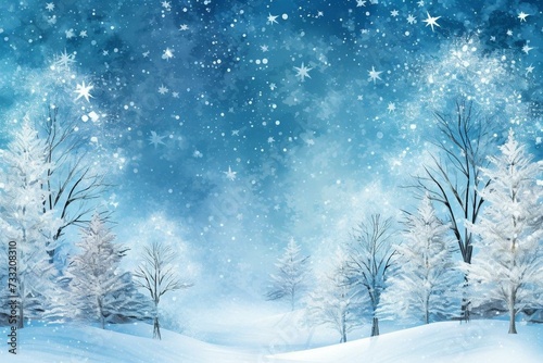 A wintry Christmas scene with blue background and delicate snowflakes. Generative AI