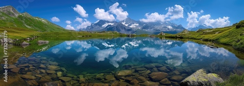 Reflective Lake: Nature's Beauty, Mirrored Serenity, Tranquil Waters, Scenic Reflections, Calm Lake, Majestic Landscape, Mirror-Like Surface, Serene Atmosphere, Natural Symmetry, Reflective Beauty  © hisilly