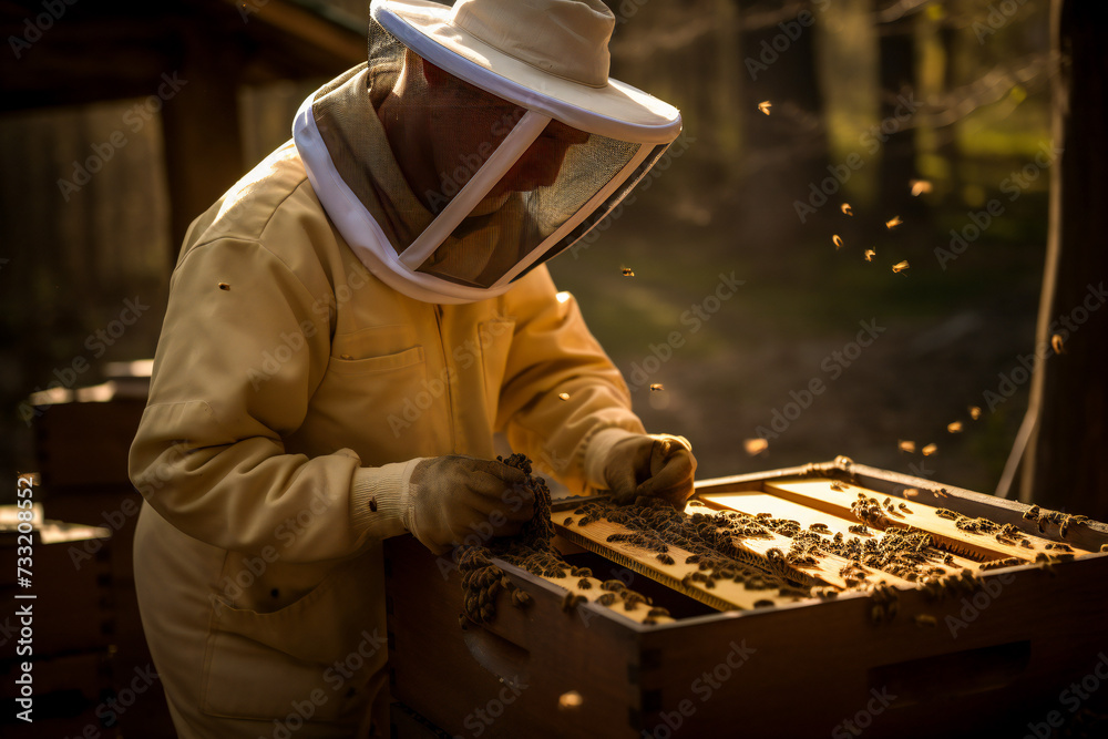 Beekeeper holding a honeycomb full of bees Beekeeper holding a honeycomb full of bees