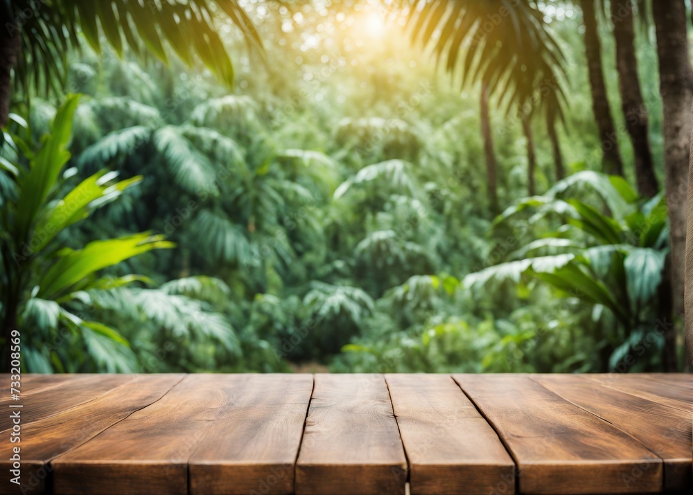 Tropical Jungle Table: Serene Empty Wooden Table Amid Lush Greenery Tropical Jungle Table: Serene Empty Wooden Table Amid Lush Greenery