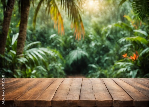 Tropical Jungle Table  Serene Empty Wooden Table Amid Lush Greenery