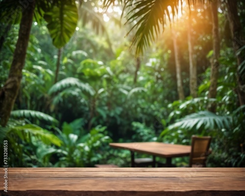 Tropical Jungle Table: Serene Empty Wooden Table Amid Lush Greenery © Louis