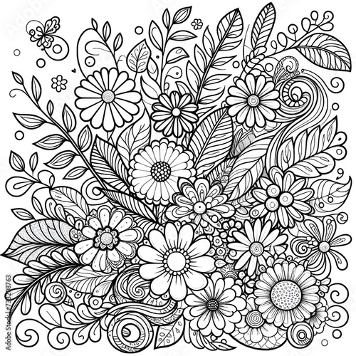 Vector carpet of flowers. Antistress coloring book for adults