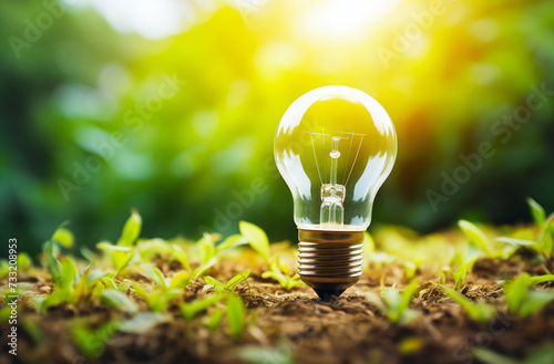 Closeup image of light bulb on green grass, sunny day. For World Environment and Energy Efficiency Day. For design, social media, print, poster