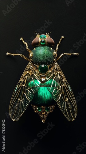 Green fly insect made out of emerald and gold, black background photo