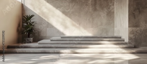 Minimalist empty podium pedestal interior design with sunlight and shadows. Generated AI image © Leafart