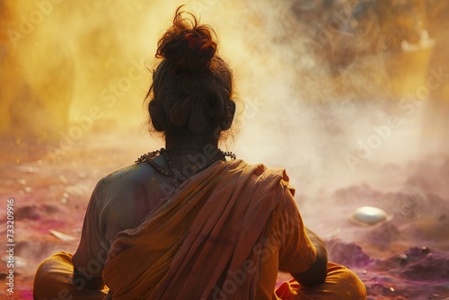 Holi Festival,Depict individuals meditating or attending religious ceremonies during Holi, connecting the festival to its deeper spiritual meaning of inner cleansing and self-reflection.