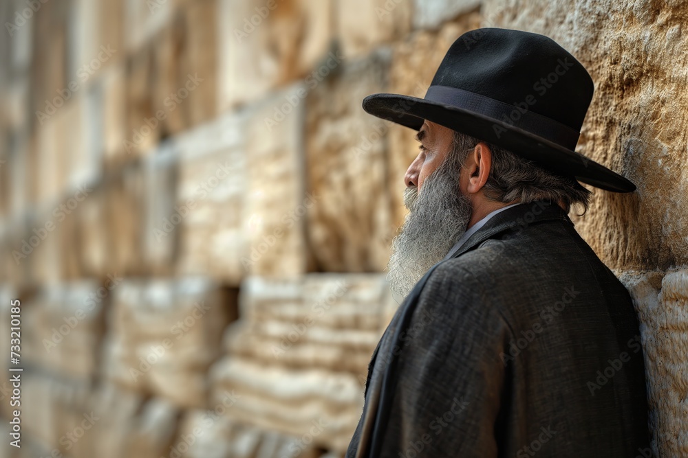 Orthodox Jew Wearing a Kippah Praying at Wailing Western Wall in Jerusalem, Israel,