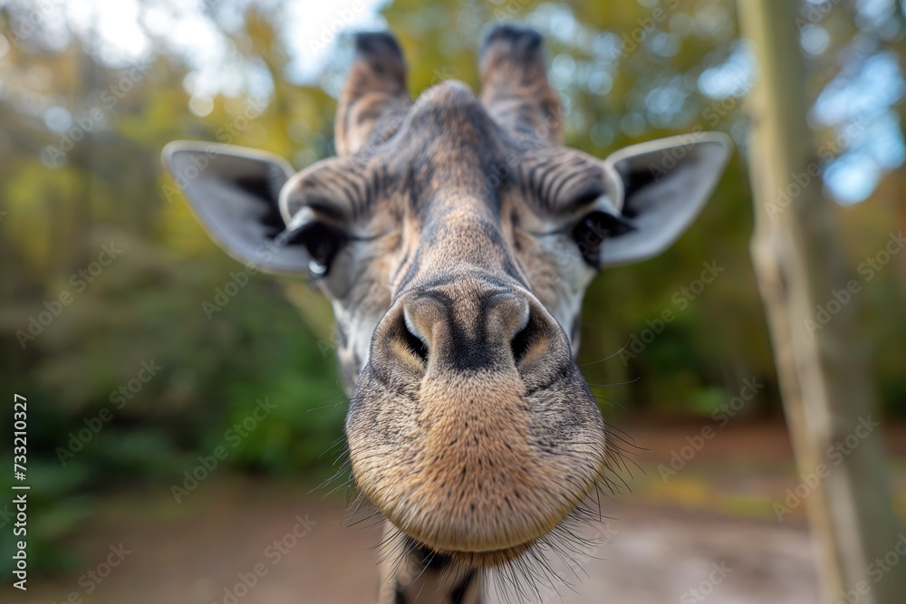 A close-up shot capturing the tranquil expression of a majestic giraffe against a backdrop of leafy trees.