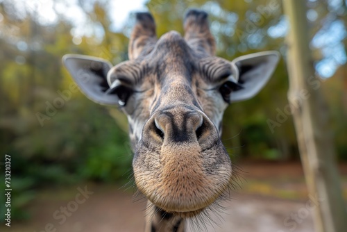 A close-up shot capturing the tranquil expression of a majestic giraffe against a backdrop of leafy trees.