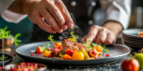 Chef Decorating Sliced Duck Breast with Fresh Herbs Amidst Roasted Vegetables
