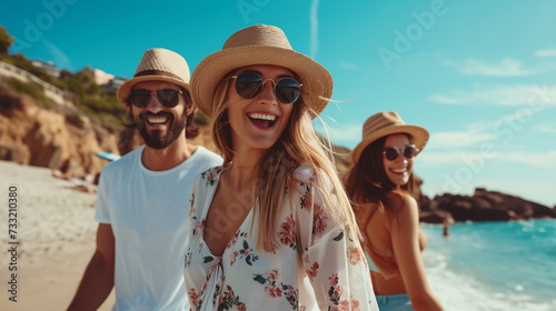 Happy friends having fun smiling and enjoying walk along beach © aciddreamStudio