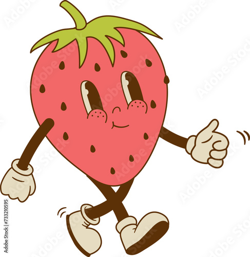 Vintage strawberry mascot isolated on white background. Retro cartoon berry character vector illustration. Natural vegan food