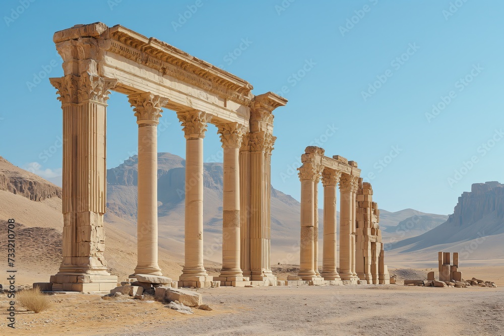 A captivating image showcasing the mesmerizing ruins of the once thriving ancient city of Palmyran, serving as a poignant reminder of its rich history and architectural grandeur.