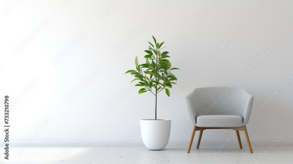 White chair and potted plant in a living room. White chair and potted plant in a living room.