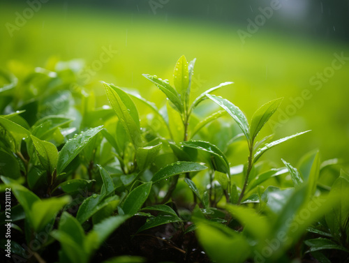 A picturesque photograph captures a lush tea garden after spring rainfall  situated in a serene estate setting witness tranquility and beauty.Perfect for wallpapers  cards  Tea marketing  backgrounds
