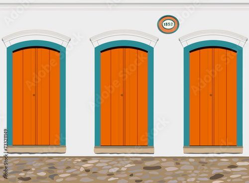 Paraty, Brazil. White house facade with orange and green doors from 1852 from the colonial period and cobblestone street in the historic center. Realistic vector illustration.