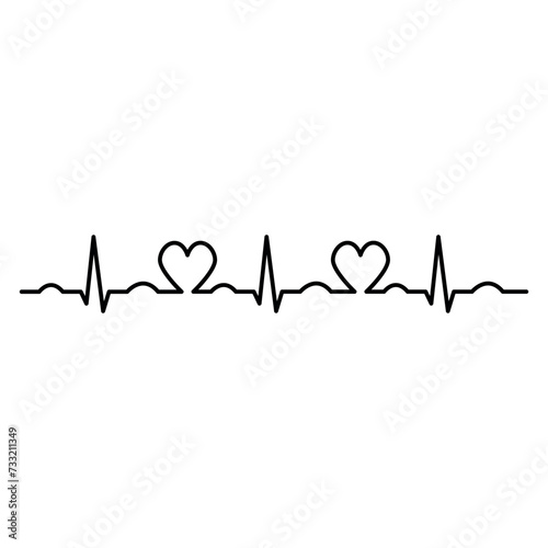 The ECG line Heart shape beat. Cardiology. Black and White. One line drawing.
