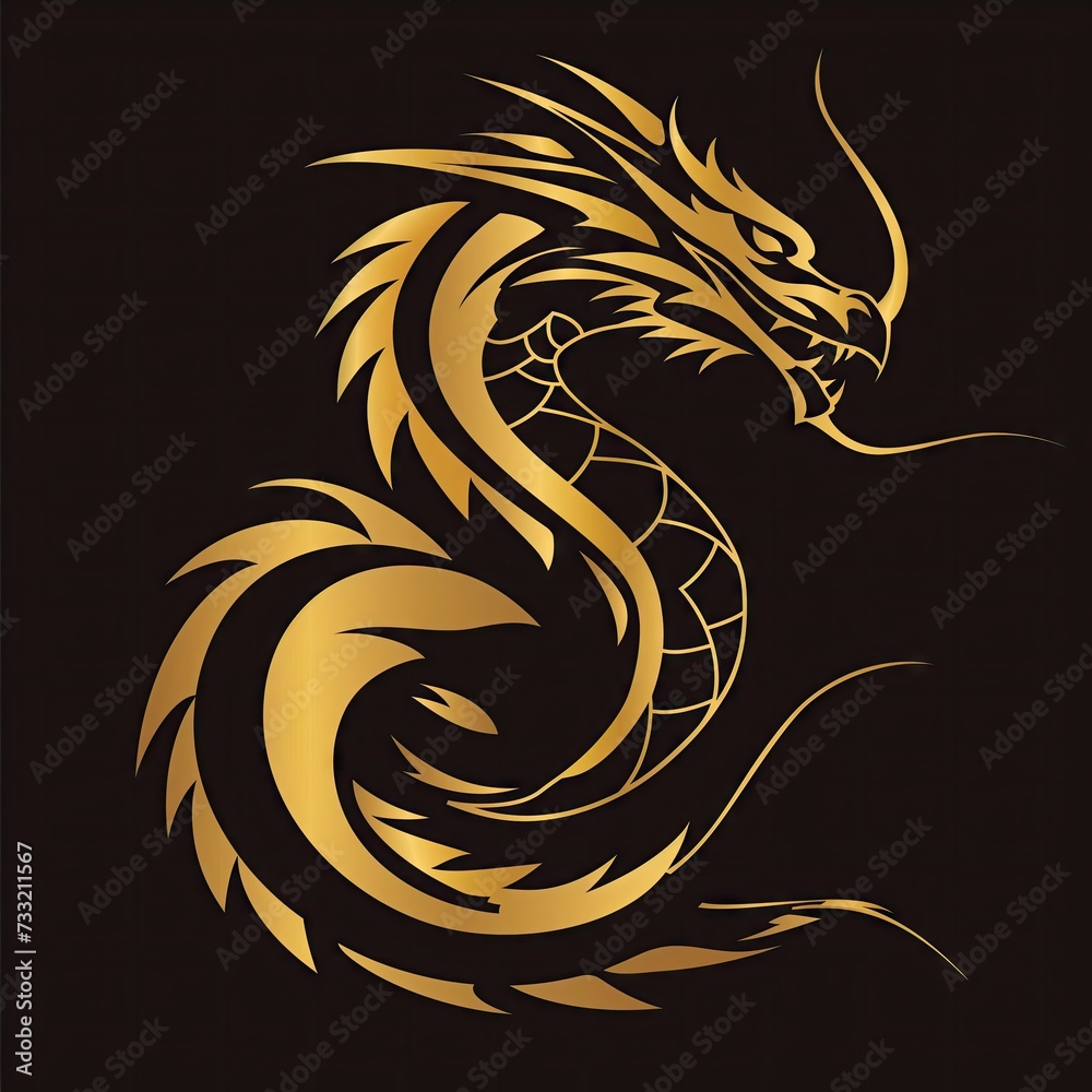 gold dragon logo design on dark background. Gold dragon zodiac symbol. decoration for spring festival, greeting card, and tattoo