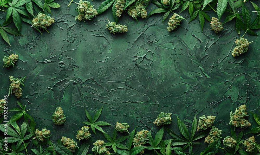 Overhead flat lay of dried cannabis marijuana buds on a matte dark green background, generative ai - obrazy, fototapety, plakaty 