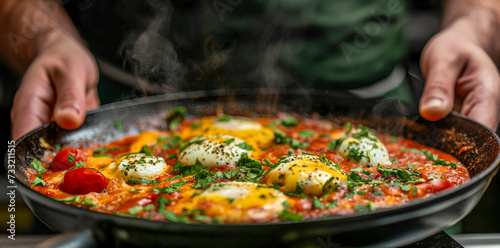 Chef Serving Colorful Shakshuka with Poached Eggs, Tomato Sauce, and Chopped Greens 