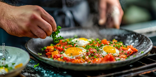 Chef Offering a Plate of Authentic Shakshuka with Brightly Poached Eggs and Fresh Herbs 