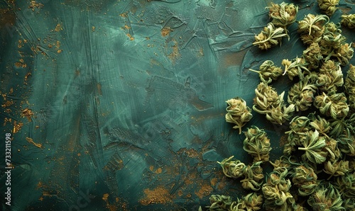 Overhead flat lay of dried cannabis marijuana buds on a matte dark green background, generative ai © Naseem