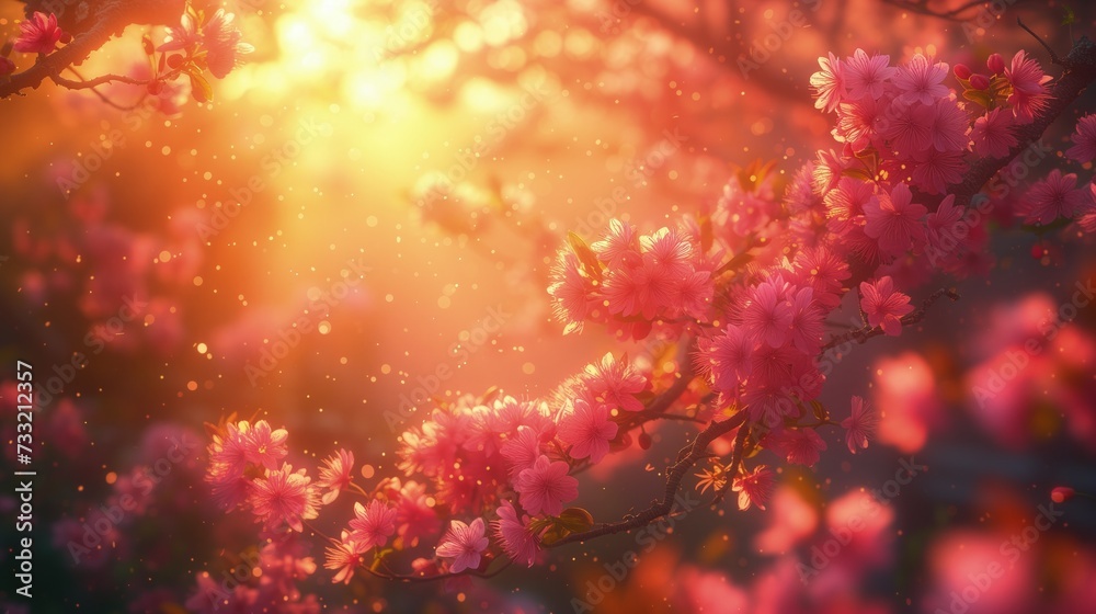 Promienie słońca przebijają się przez gałęzie różowych kwiatów - obrazy, fototapety, plakaty 
