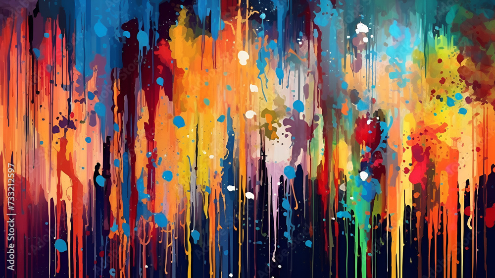 Urban Burst: Vibrant Computer-Generated Digital Graffiti with Splashy Paint Effects | Dynamic, Wet, and Dripping Abstract Street Art - obrazy, fototapety, plakaty 