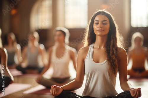 Young woman doing meditation in a yoga class