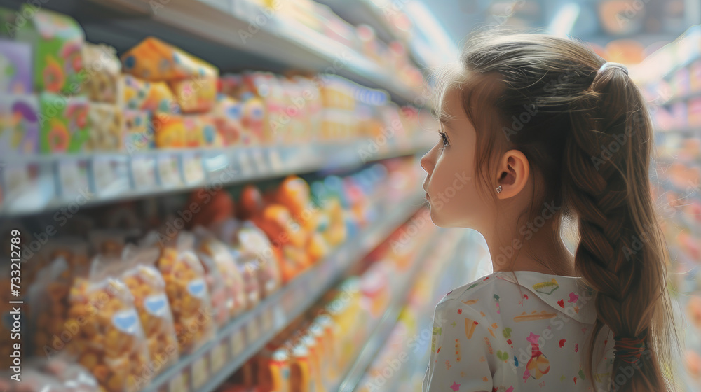 young girl looking at shelf full of sweets in a supermarket