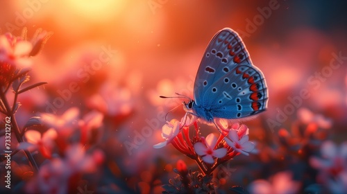 Błękitny motyl siedzący na szczycie kwiatu