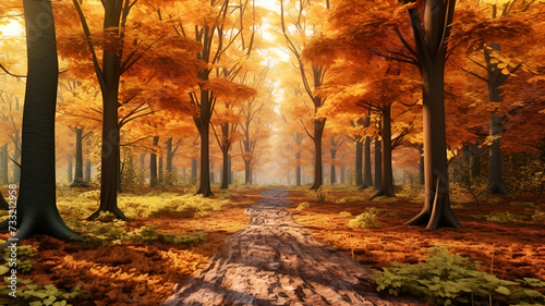 Autumn Splendor: 3D Rendered Photorealistic Forest Scene | Vibrant Foliage, Falling Leaves, and the Beauty of Fall